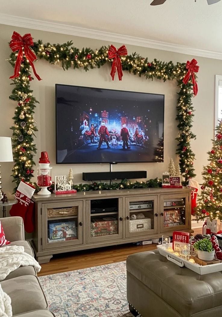 Living‑room TV wall draped in green garland, interspersed with glossy red satin bows and soft white fairy lights.
