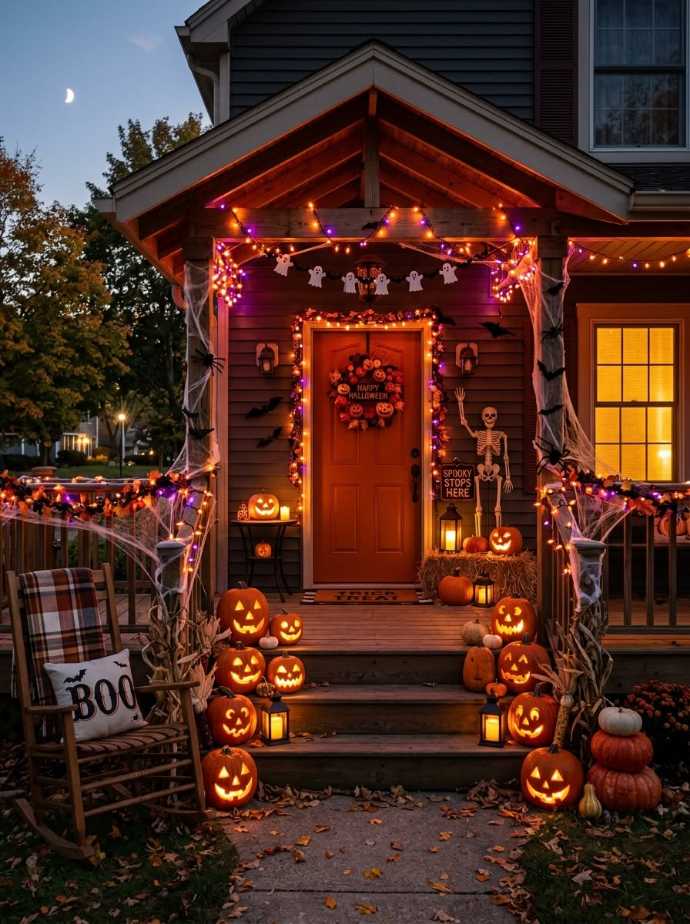 Porch stairs lined with glowing jack o lanterns and a standing skeleton figure.