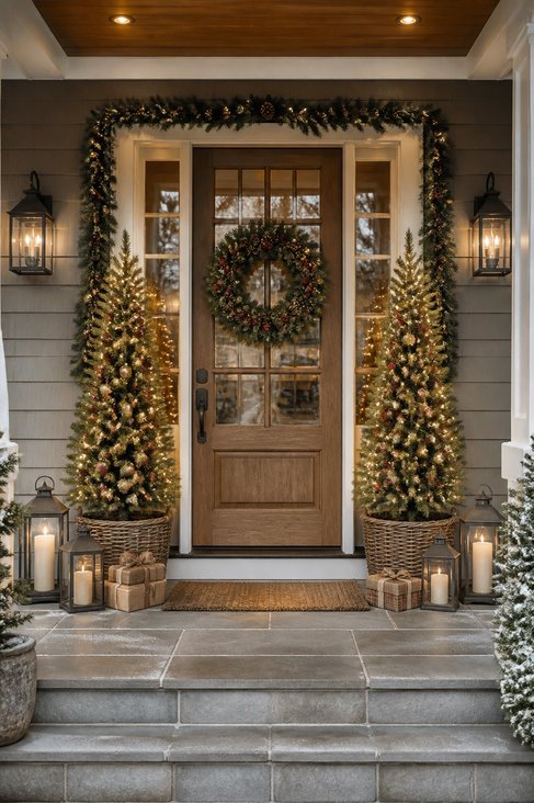 Front porch with two slim fir trees, decorative pots, soft white lighting
