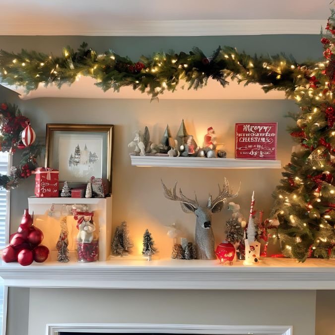 Shelves draped in greenery garland with warm white twinkle lights woven in.