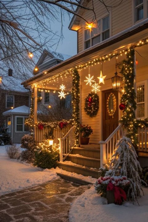 Covered front porch featuring a dense ceiling canopy of warm fairy lights and hanging glass stars.