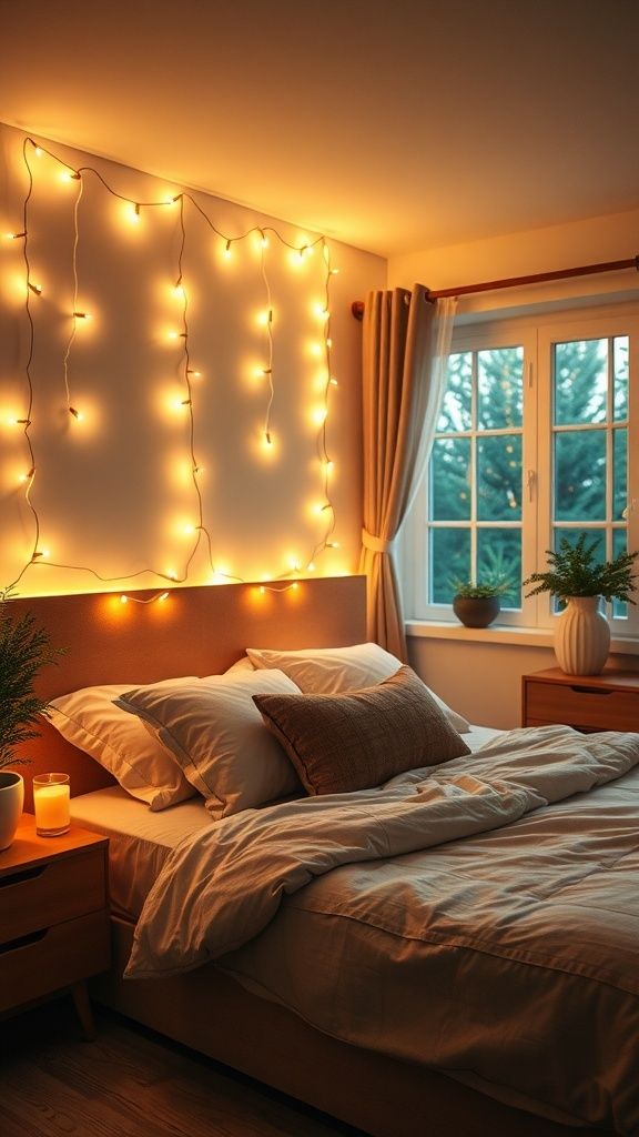 Bed with twinkling string lights draped over the headboard, soft bedding, and warm light.
