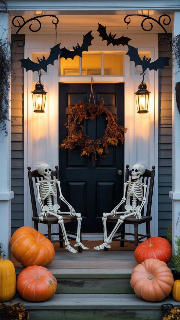 Two skeleton figures in armchairs beneath a hanging bat garland on a porch.