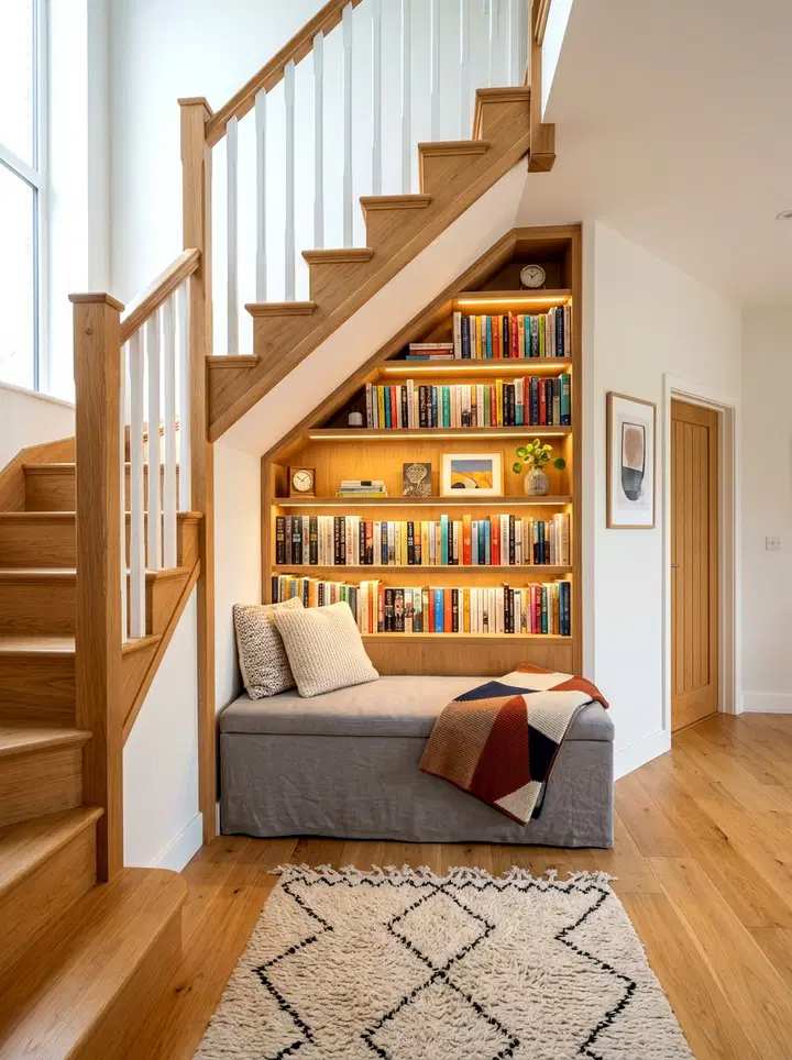 Under‑stair bench, built‑in LED strip lighting, soft cushion, reclaimed wood, small side lamp.