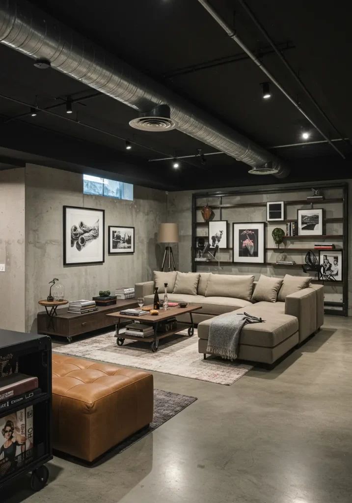 Urban loft basement with concrete walls and exposed ductwork