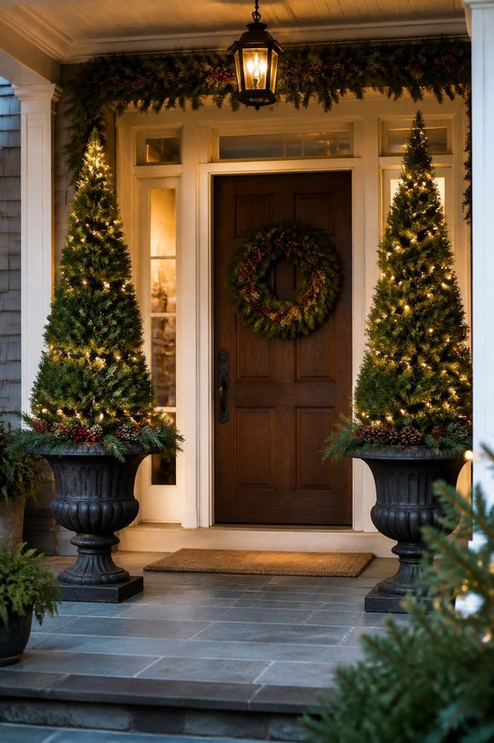 Front porch featuring small evergreen trees in decorative urns, warm amber lighting