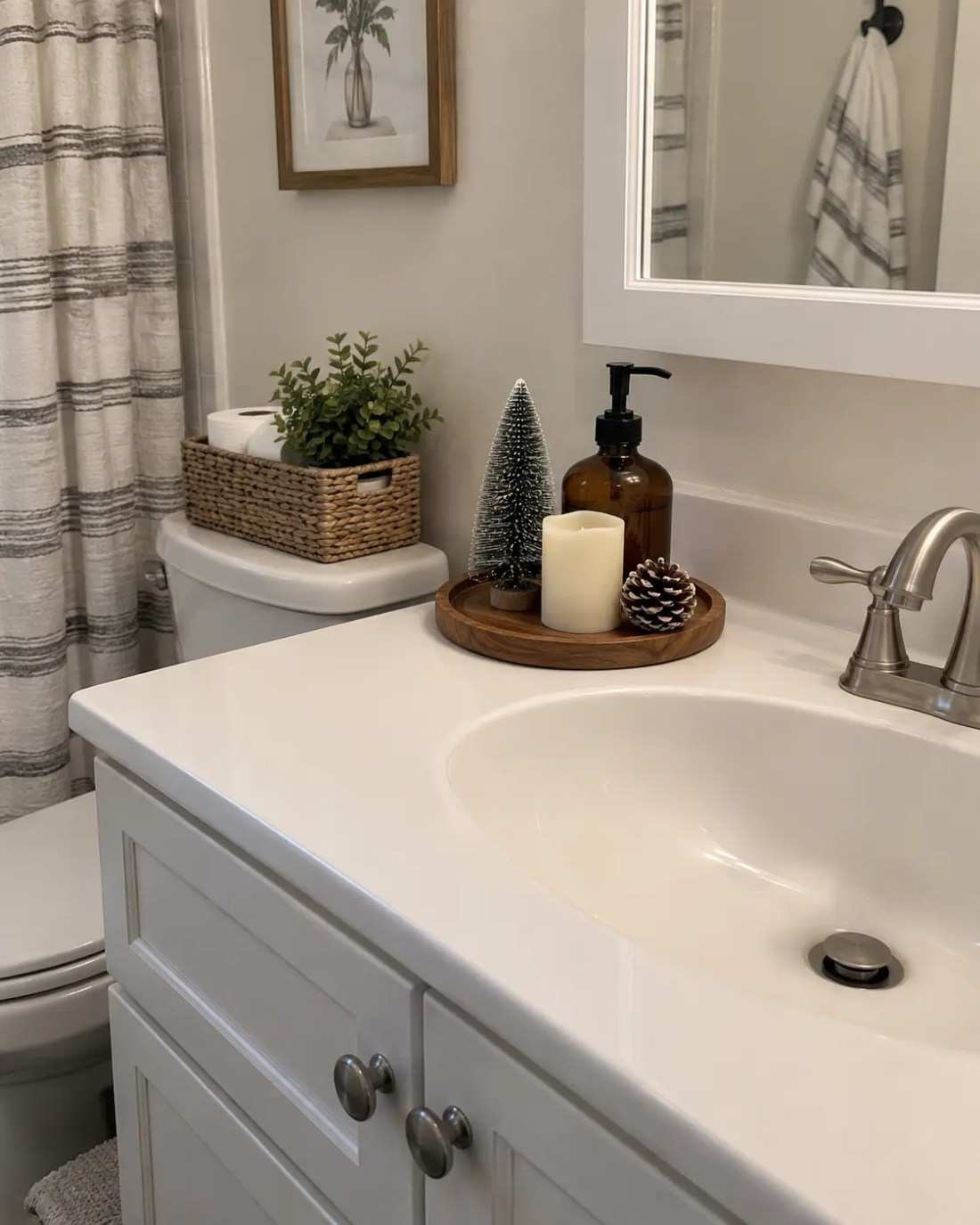 Decorative tray with mini tree, candle, white bathroom, organized holiday accent