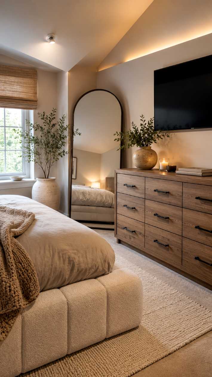 Vaulted ceiling bedroom with an arched mirror and a wooden dresser