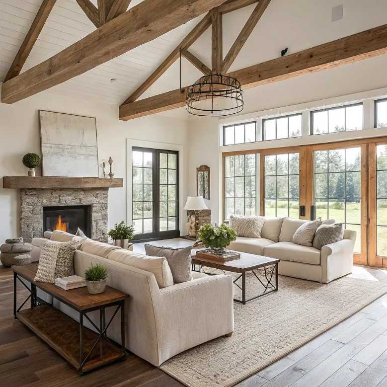 Living room with vaulted ceiling, large stone fireplace, rustic furniture, natural light.