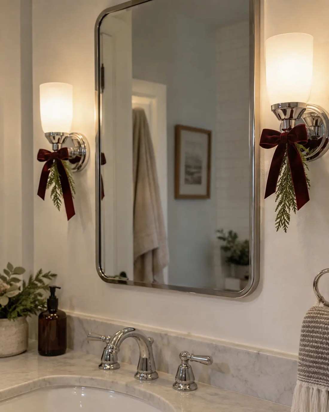 Red velvet bows on wall sconces, white walls, elegant holiday lighting accent