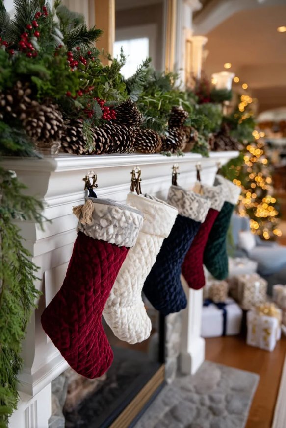 Cozy living room with deep red velvet stockings and large natural pinecones on the hearth.