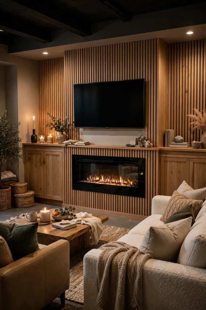 Modern basement room with vertical wood slats and electric fireplace