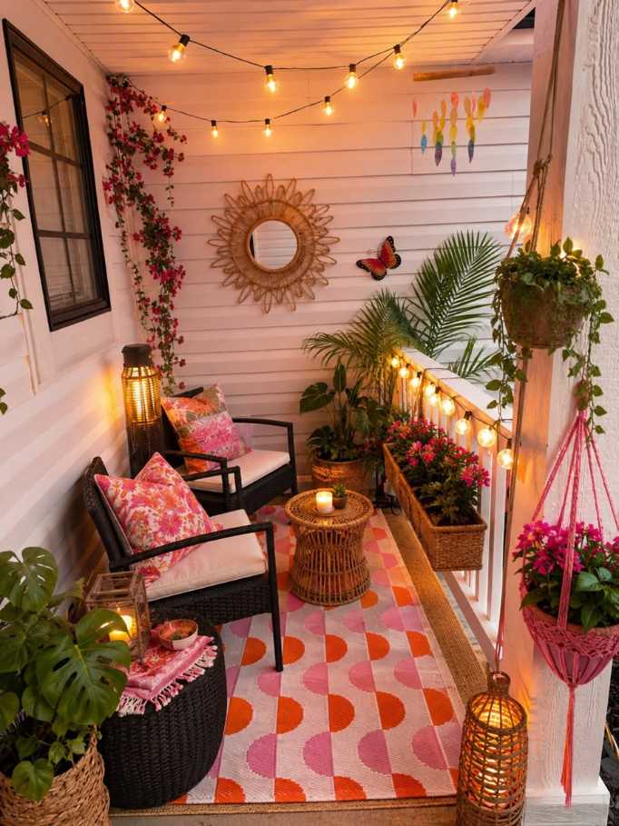 Summer balcony with floral‑patterned cushions, bright teal accents, and layered lighting.