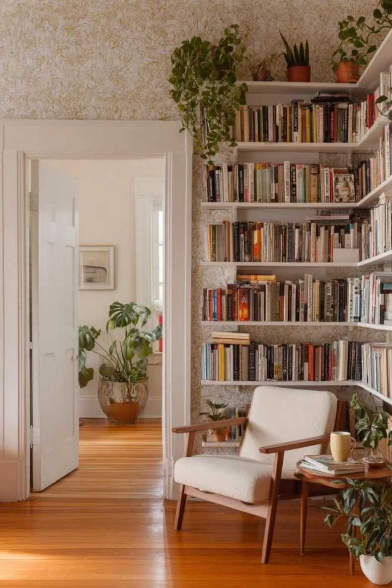 Corner bookshelf, vintage armchair in mustard, brass floor lamp, patterned rug, soft ambient lighting.