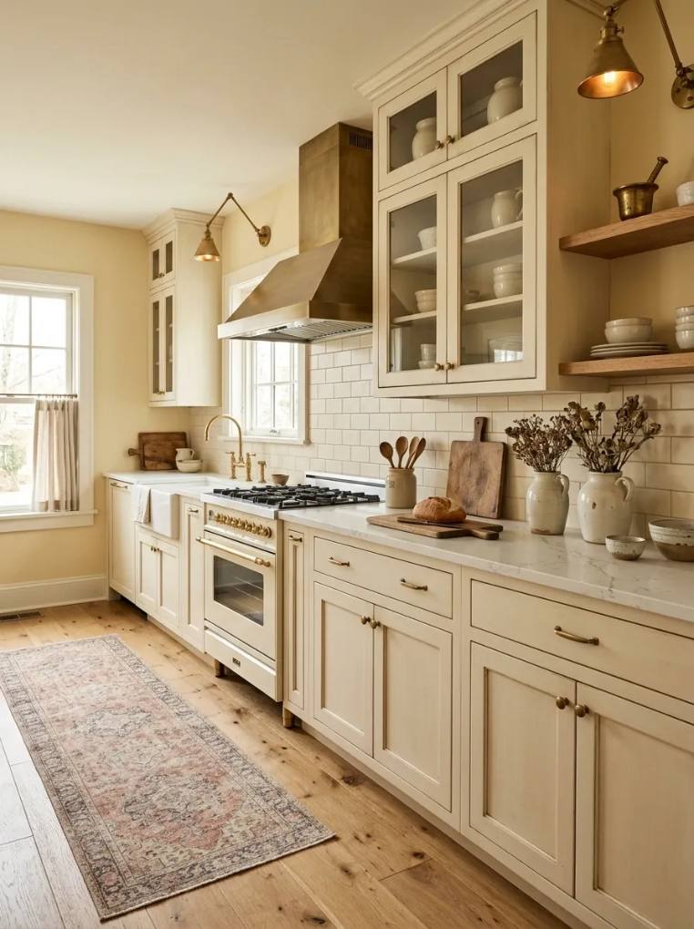 Vintage-inspired kitchen with cream walls, distressed pine cabinets, copper pot rack, patterned floor tiles.
