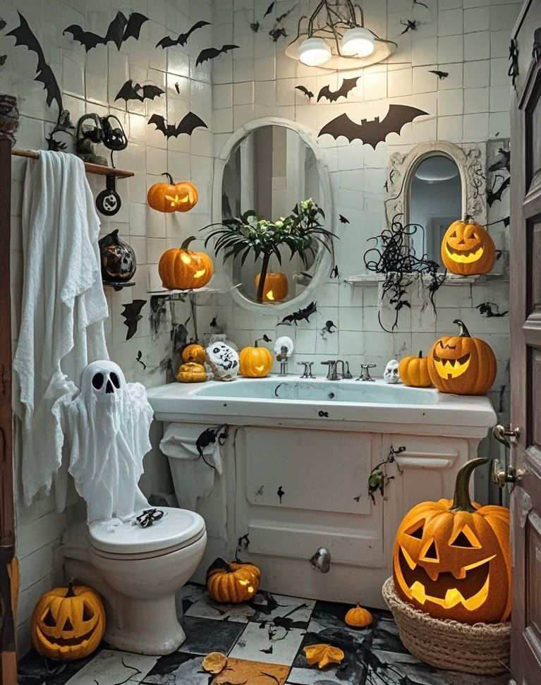 Vintage bathroom, carved pumpkin décor, sheet ghost hanging, distressed white tiles, amber pendant lighting.