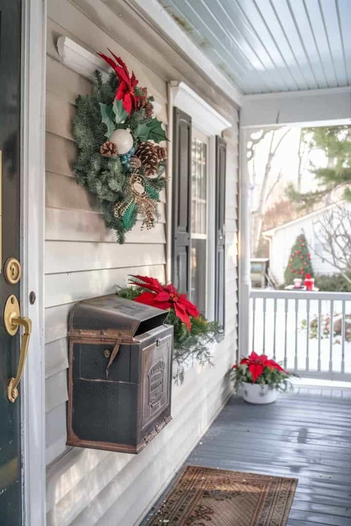 Front porch vintage mailbox decorated with Santa figurine, red envelope, soft lighting