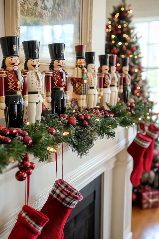 Traditional mantel with vintage wooden nutcrackers, red cranberries, and pinecone arrangements.