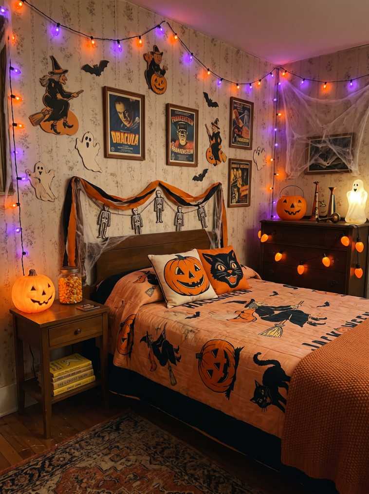 Vintage bedroom with retro halloween monsters quilt, witch decor, and mid-century furniture.