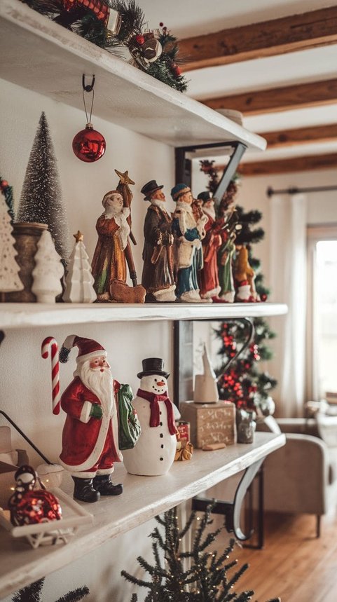 Shelves displaying vintage tin Santa and snowman collectibles with nostalgic holiday charm.