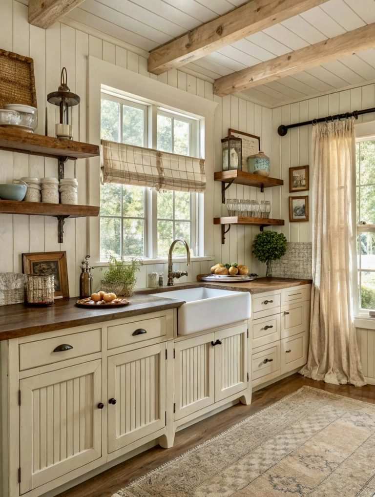 Kitchen featuring a vintage porcelain sink, reclaimed wood countertop, open shelving, warm lighting.