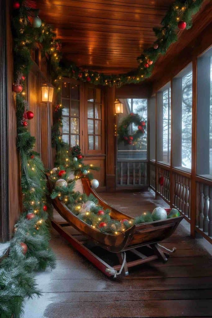 Front porch vintage sled draped with evergreen garland, pine cones, soft amber lighting