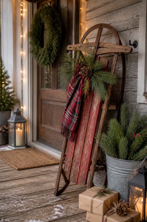Front porch vintage wooden sled, evergreen garland, pine cones, warm amber lighting