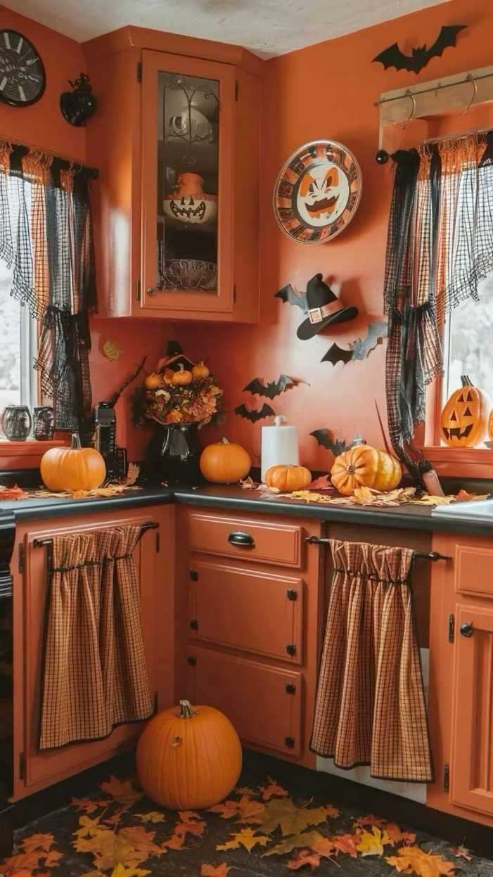 Vintage kitchen corner with terracotta pots dried corn and warm halloween accents