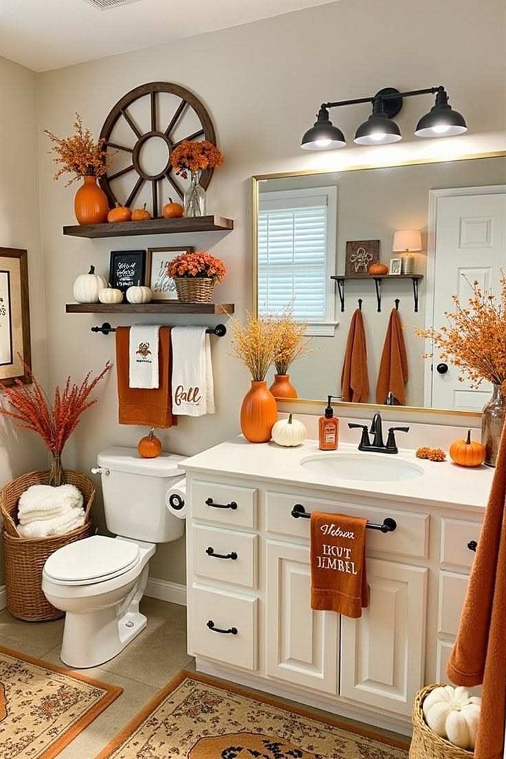 White vanity, floating wagon‑wheel shelf, rust‑finished towels, reclaimed wood, natural daylight.