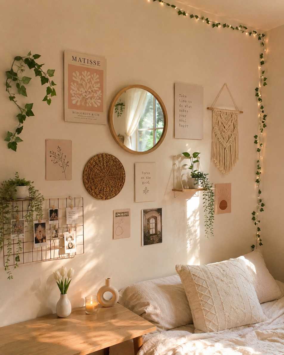 Cozy bedroom corner with a black wire grid wall organizer holding macrame planters and books.