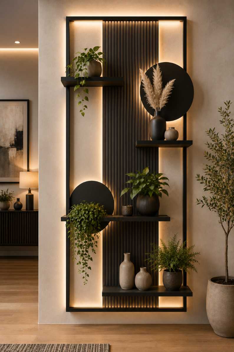 Modern living room with a black geometric wood slat shelf displaying minimal ceramic vases.