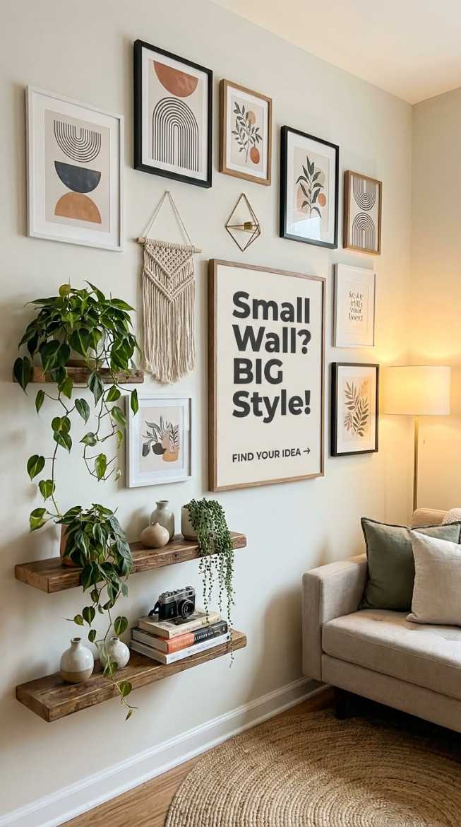 Rustic wooden shelves displaying motivational quote prints and dried pampas grass in a boho style.