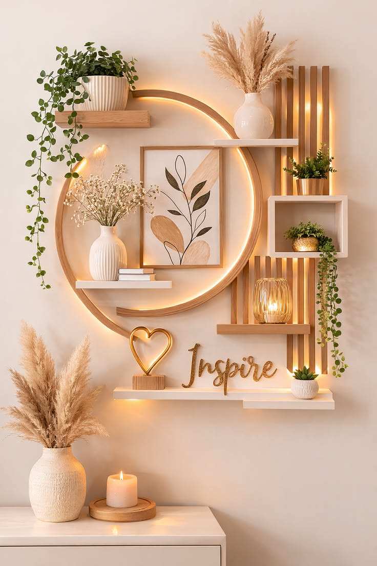 Modern entryway with a large circular wood slat shelf backlit by soft white LED lights.