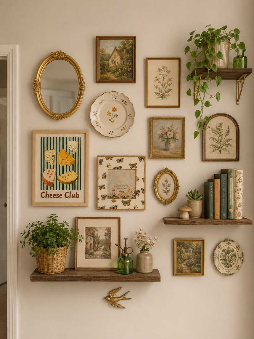 White kitchen wall displaying a collection of vintage floral ceramic plates in a cottagecore style.