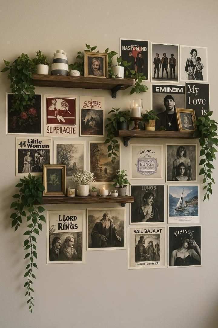 Dark walnut shelves holding vintage movie posters and vinyl records in a moody living room.