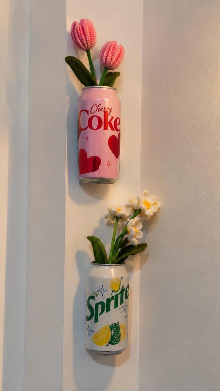 Wall-mounted crochet planters made from recycled soda cans holding small succulents.