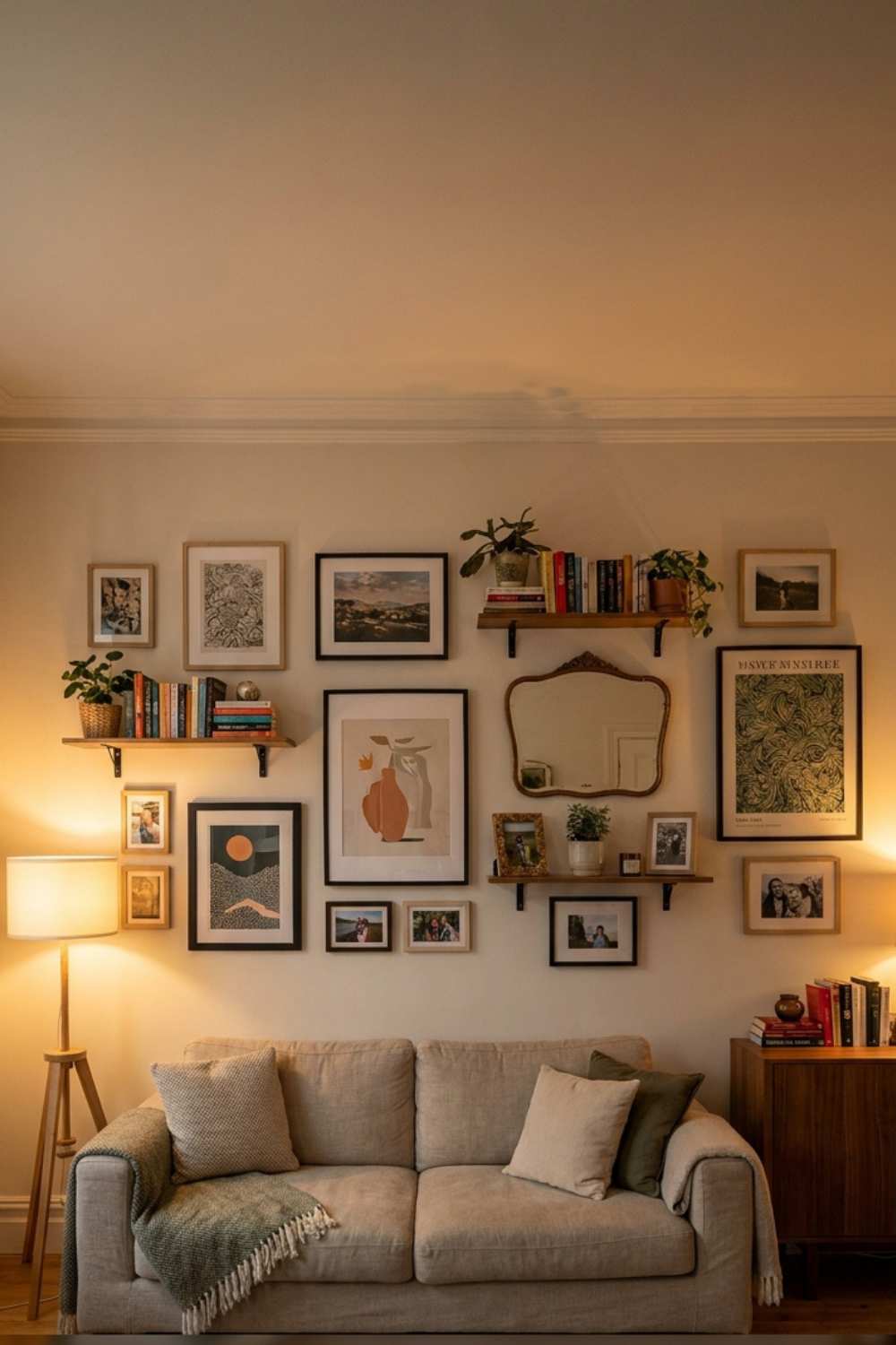 Eclectic mix of framed art and mirrors above a vintage sofa in a colorful living room.