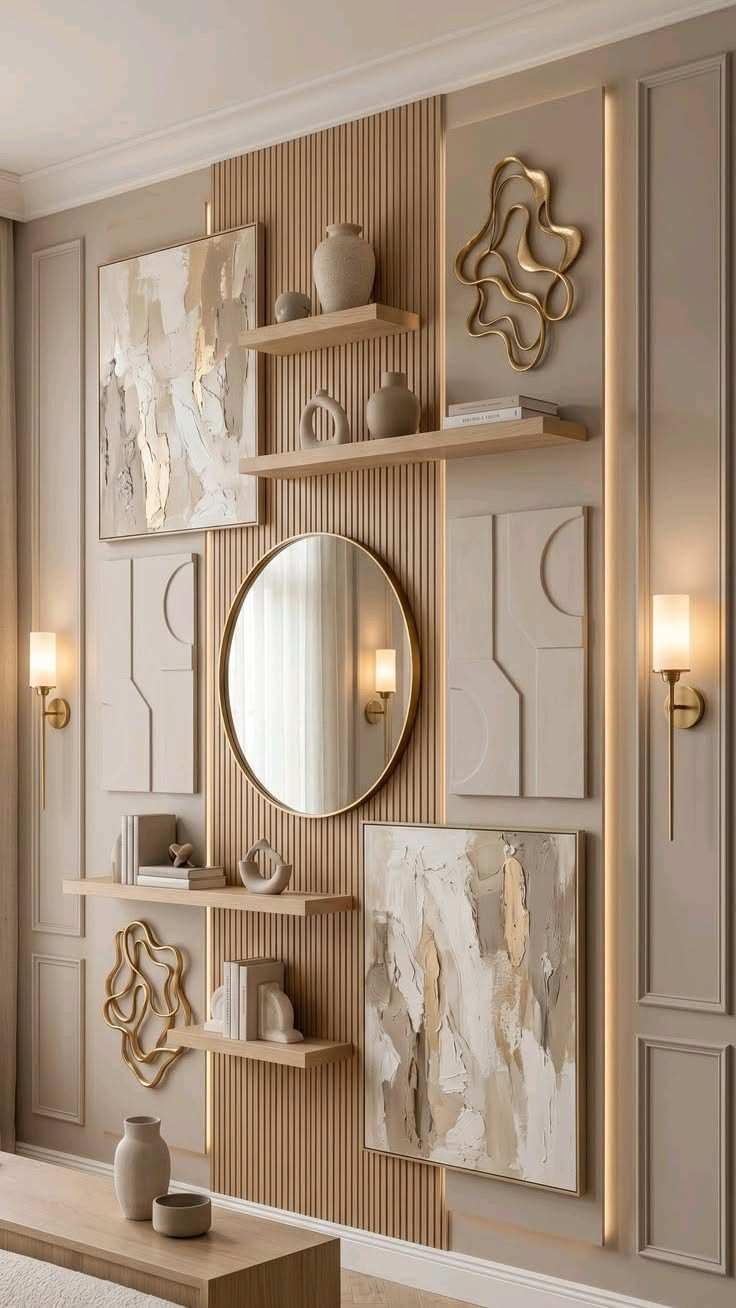 Fluted wood panel with a backlit circular mirror in a modern bedroom.
