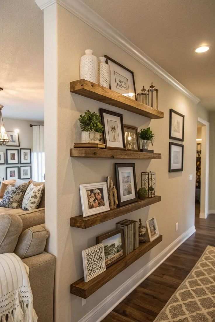 Narrow hallway with minimalist floating wood shelves holding small plants and books.