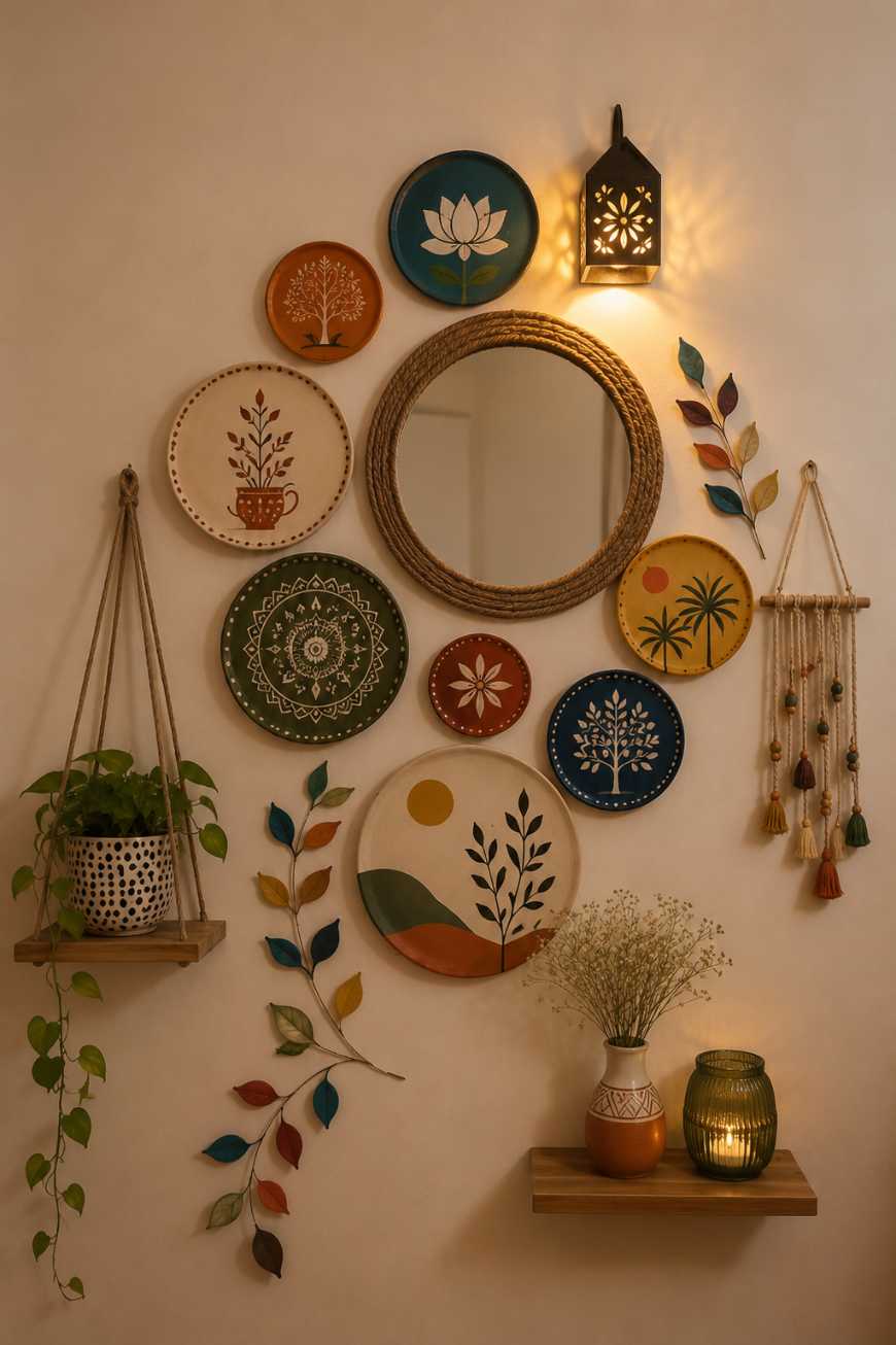Wall of handpainted plates and a round mirror with a rope frame in a rustic kitchen.