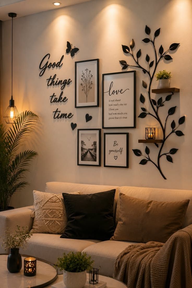 Metal tree branch shelf holding small plants and inspirational quotes in a bright room.