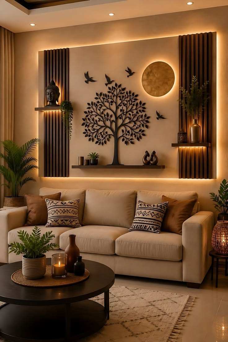 Metal tree silhouette with an illuminated crescent moon in a dimly lit living room.