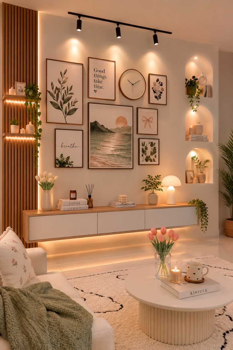 Modern wall with vertical slats and backlit niches holding decorative objects in a living room.