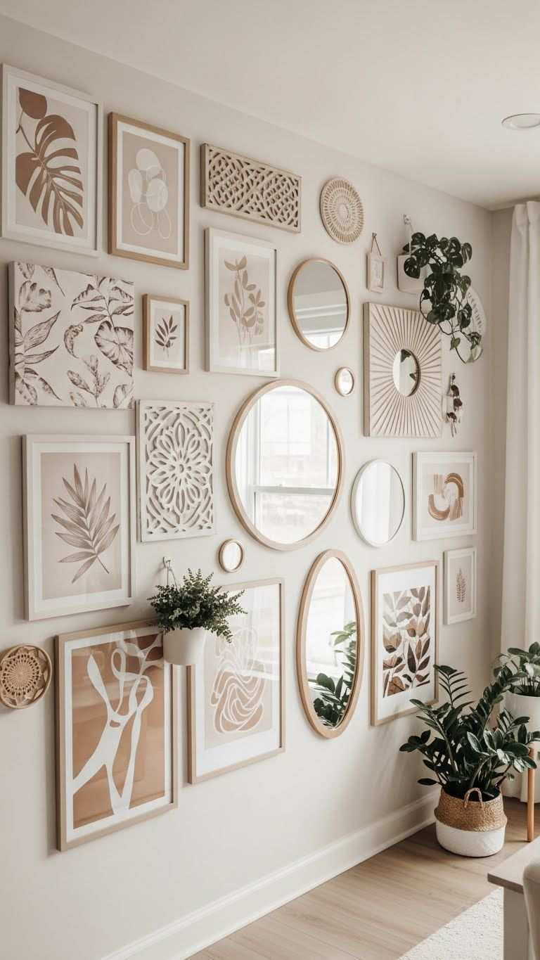 Wall of neutral mirrors and botanical prints in a serene, light-filled living room.