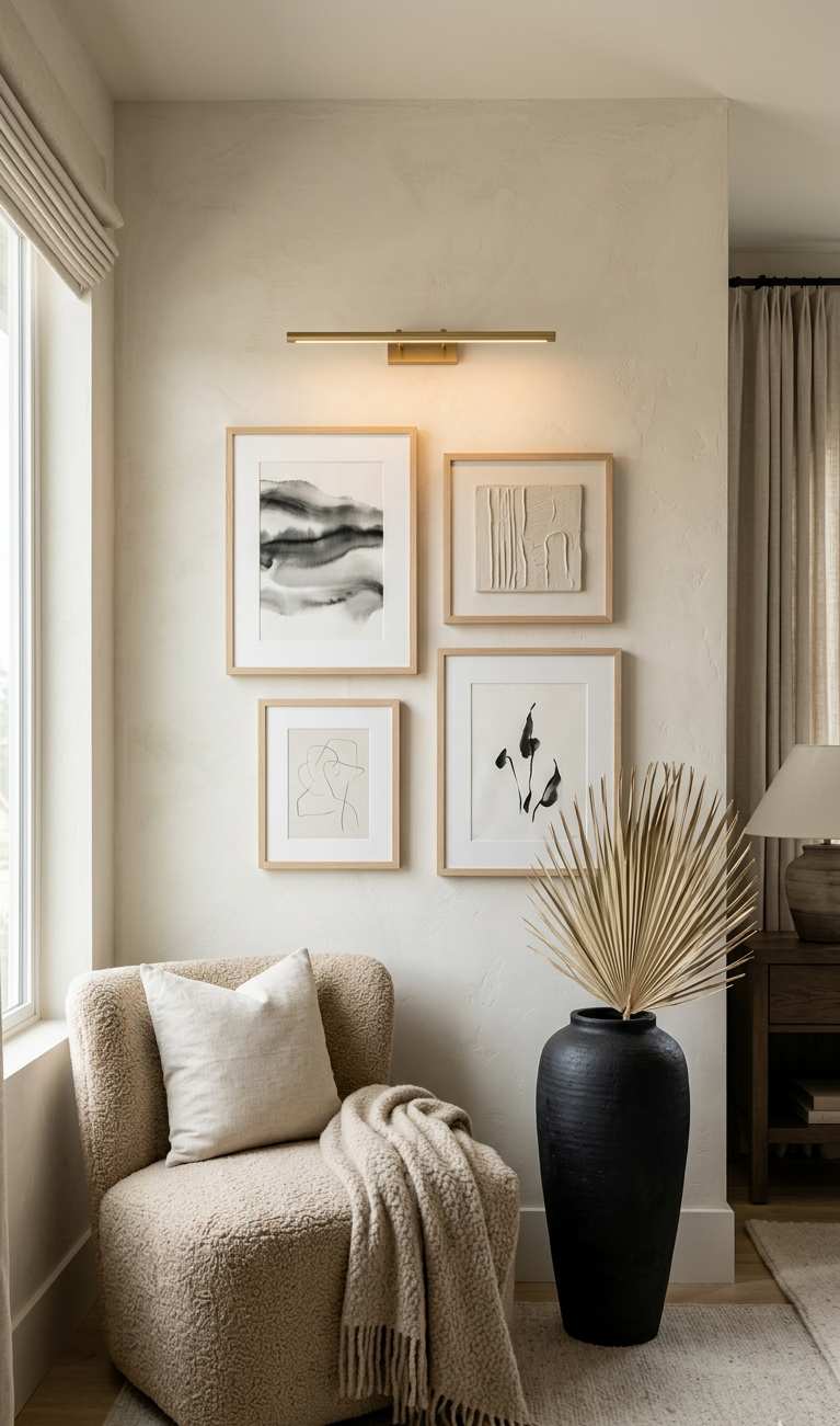 Minimalist framed art illuminated by small picture lights in a modern hallway.