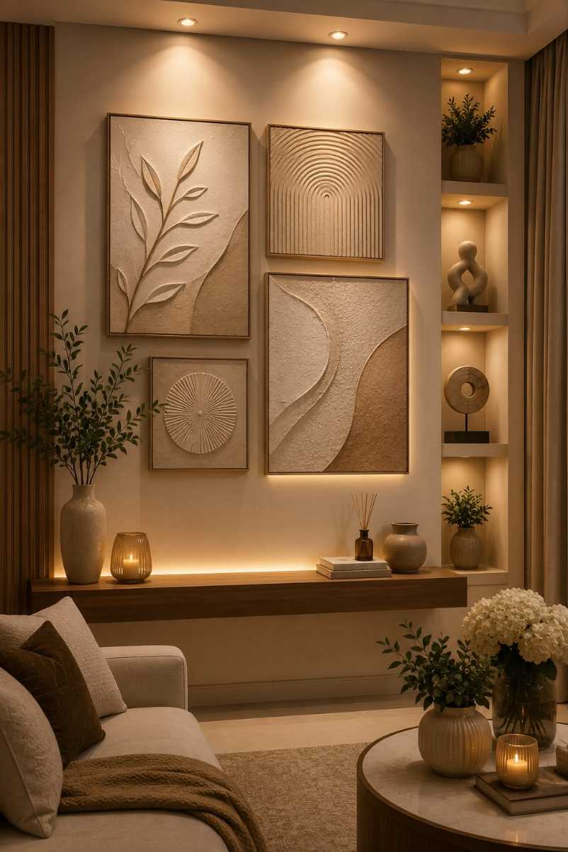 Wall with textured 3D relief art in recessed niches in a modern living room.