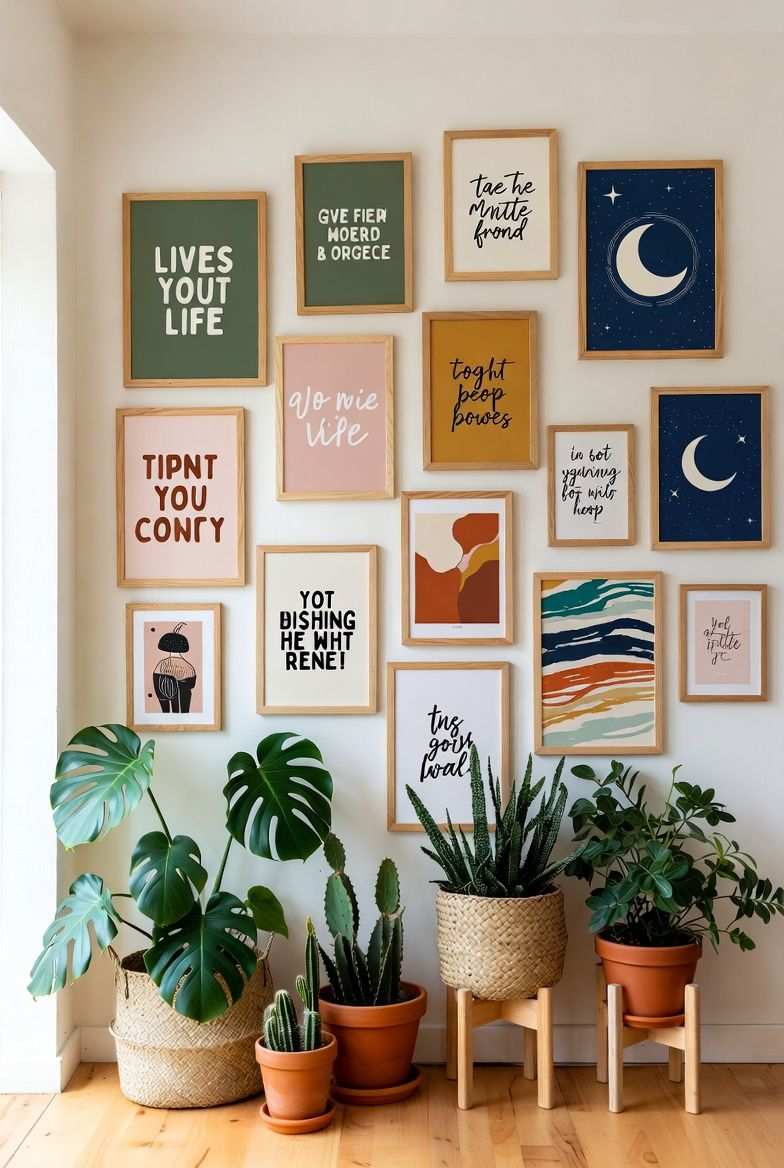 Wall of large typography prints and potted plants in a bright, airy living room.