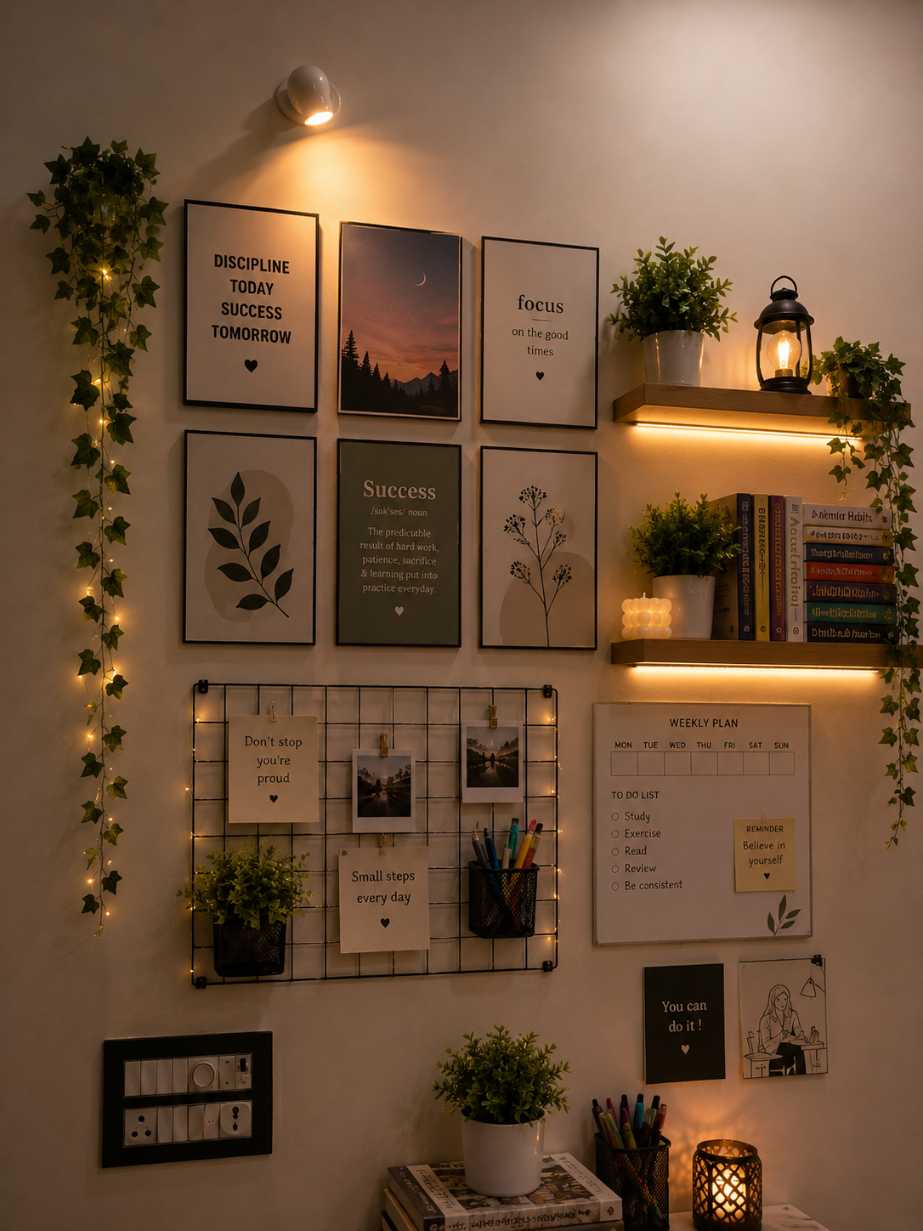 Wire grid wall holding photos and a small shelf in a bright study.