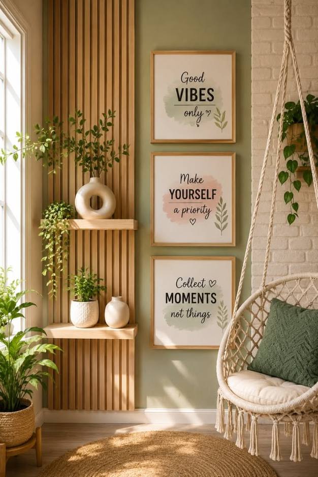 Wall of wood slats with painted inspirational quotes in a bright, modern room.