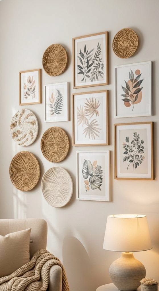 Wall of woven seagrass baskets and dried botanicals in a rustic, natural room.